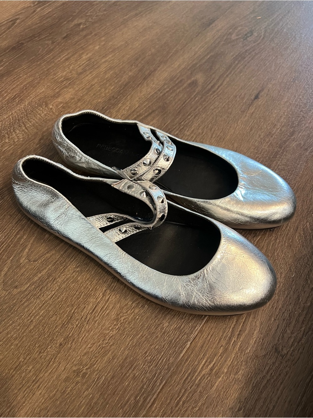 Rebecca Minkoff Metallic Silver Mary Jane Flats with Studded Strap